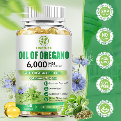 SIGNILIFE Oil of Oregano with Black Seed Oil - 6000mg, 150 Softgels for Immune Support