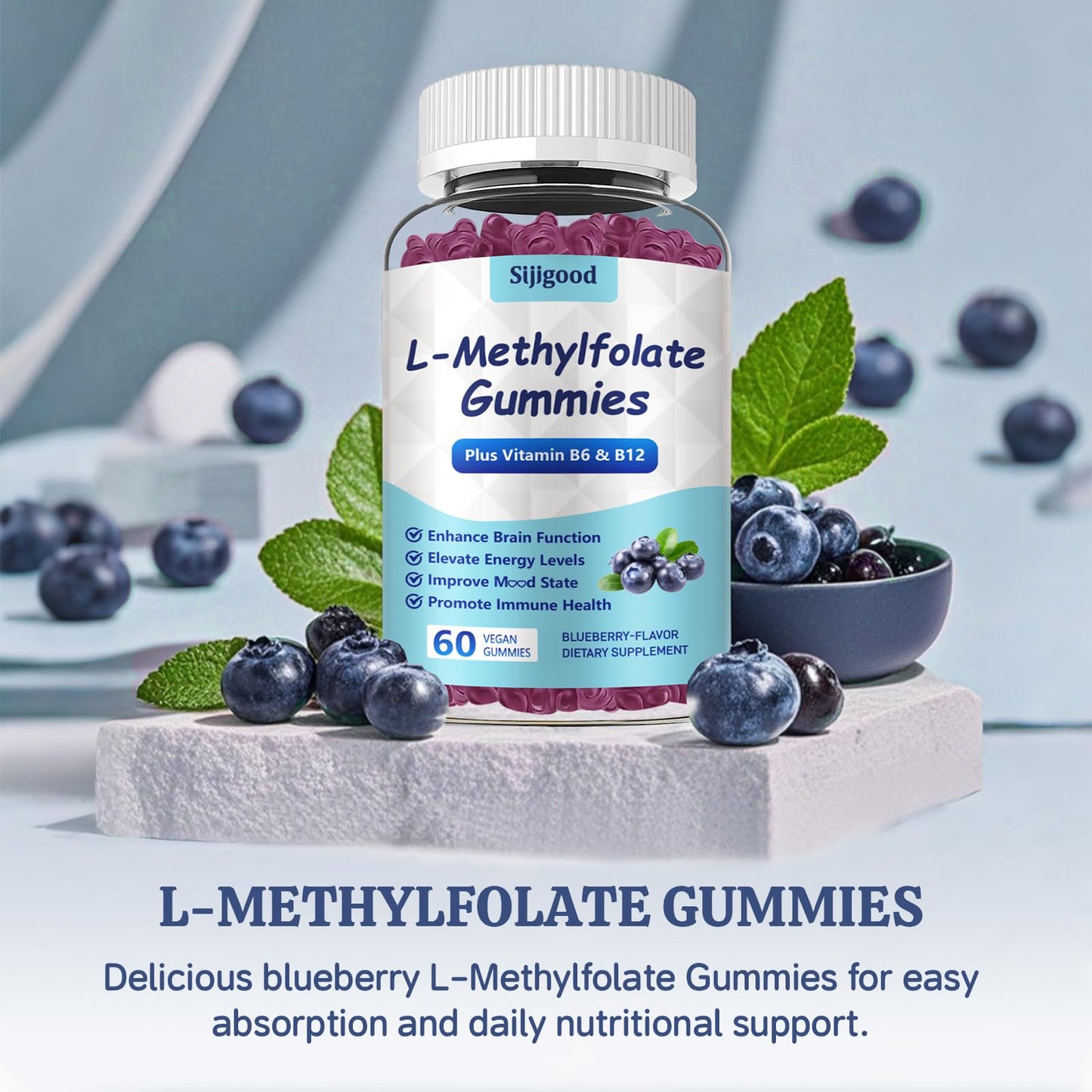 2 Pack Sijigood L-Methylfolate Gummies with Methyl B12 - Blueberry Flavor 120 Count