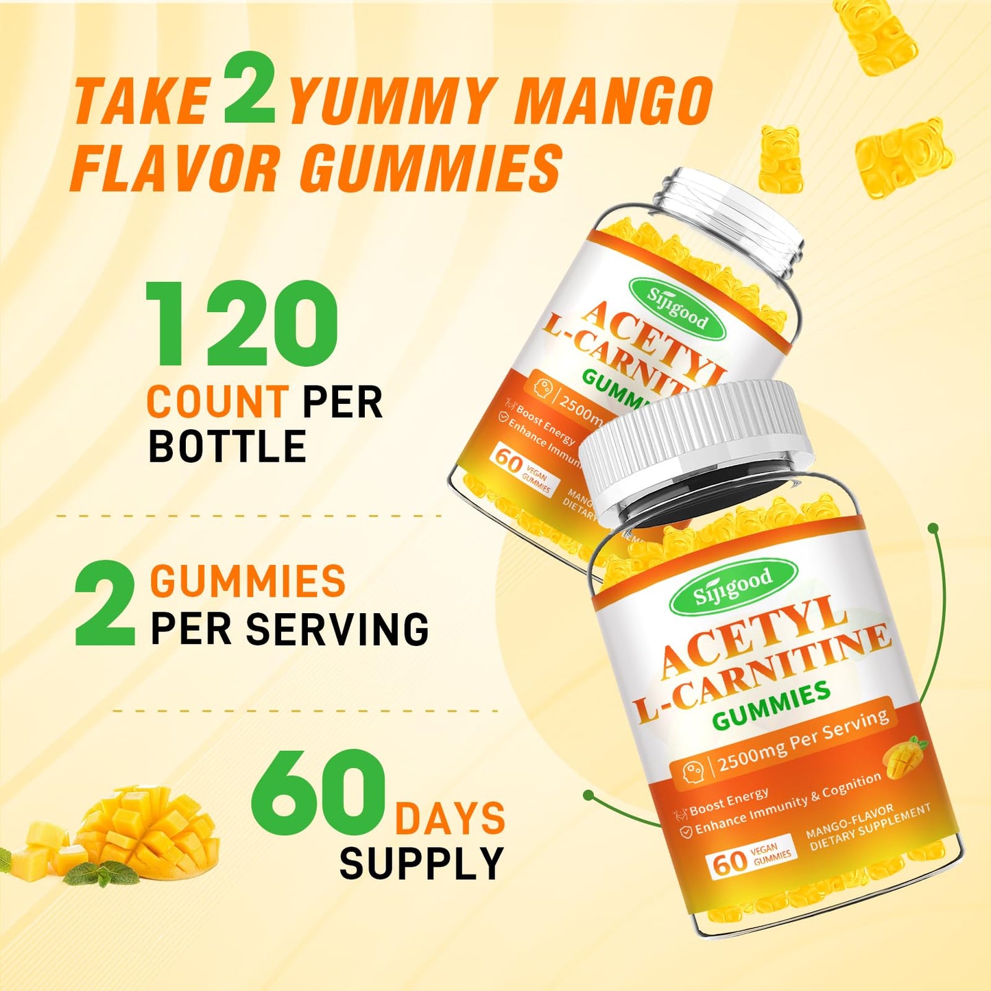 Sijigood 2 Pack Acetyl L-Carnitine Gummies – Energy, Focus & Immune Support (Mango Flavor, 120 Count)