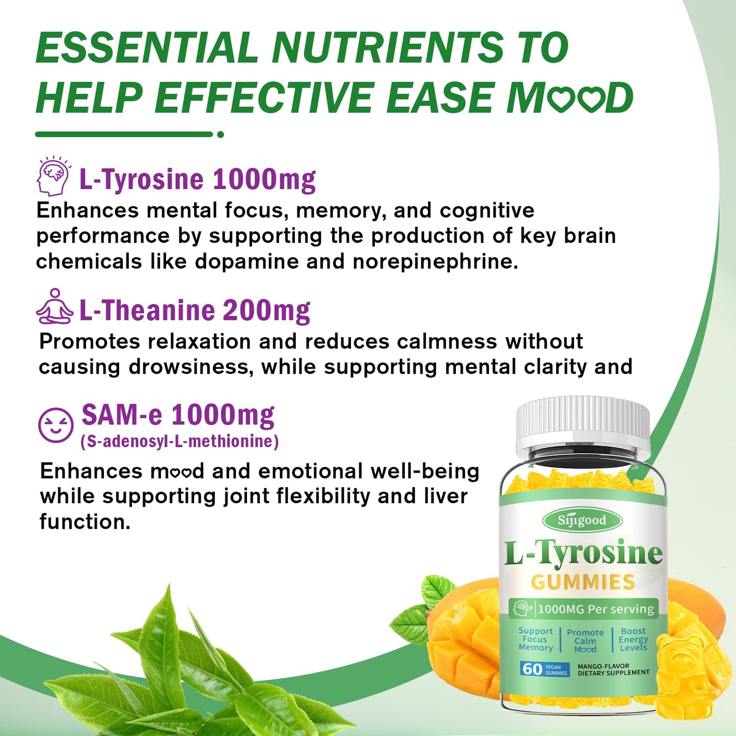 Sijigood L-Tyrosine Gummies - 1000mg Focus & Mood, Mango Flavor, 60 Count - Vegan & Gluten-Free