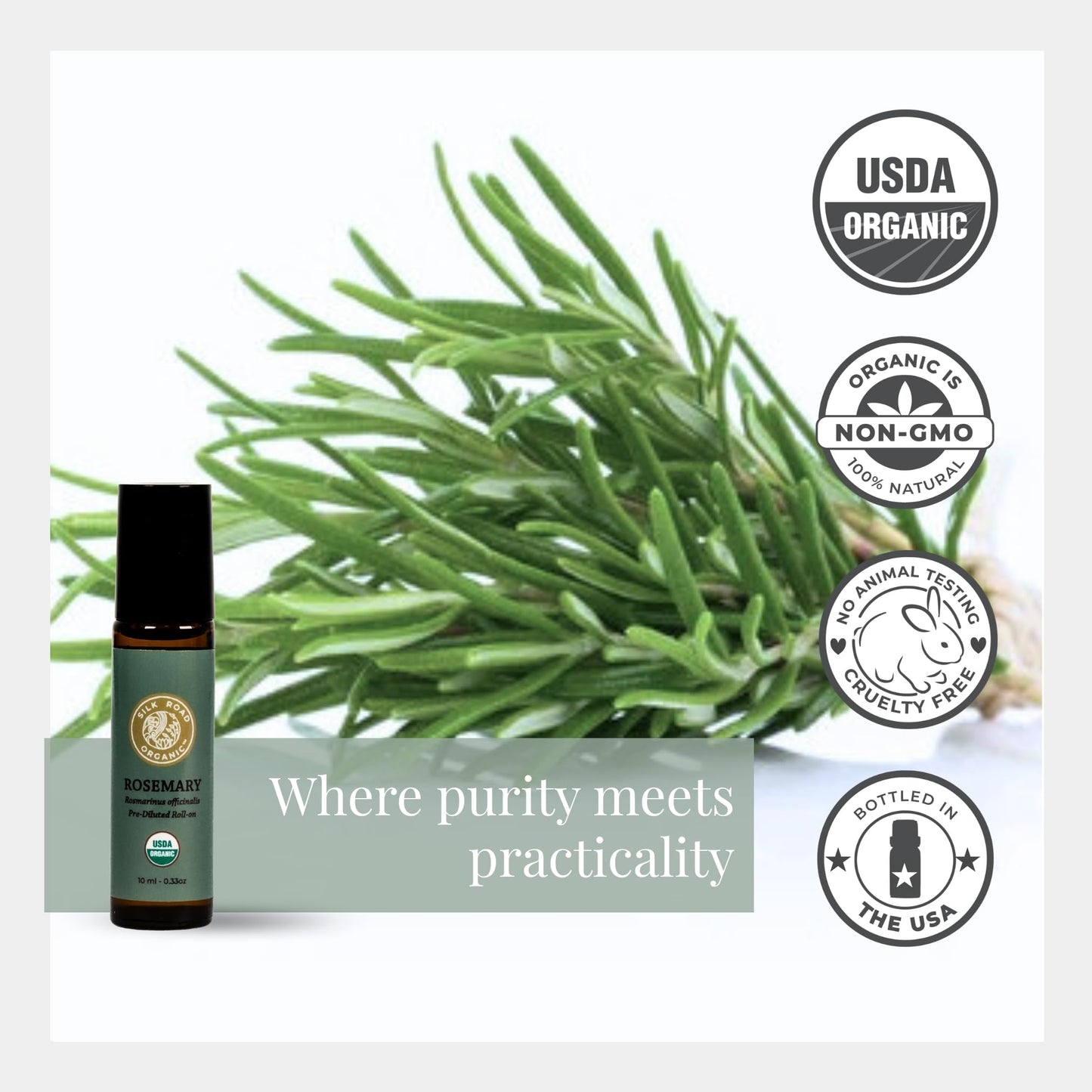 Silk Road Organic Rosemary Essential Oil & Jojoba Roll On – USDA Certified, Hair Growth Support, 10 ml