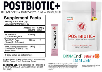Silver Fern Postbiotic+ Strawberry Lemonade Powder – BIOMend™, BetaVia™, Immuse® – 30 Stick Packs