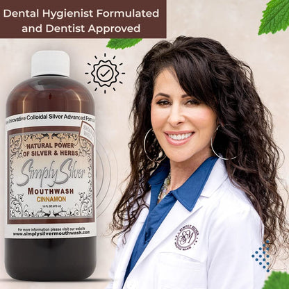 Simply Silver Mouthwash Cinnamon Flavor - All-Natural Colloidal Silver, Patent Pending, Alcohol & Fluoride Free, 16 oz