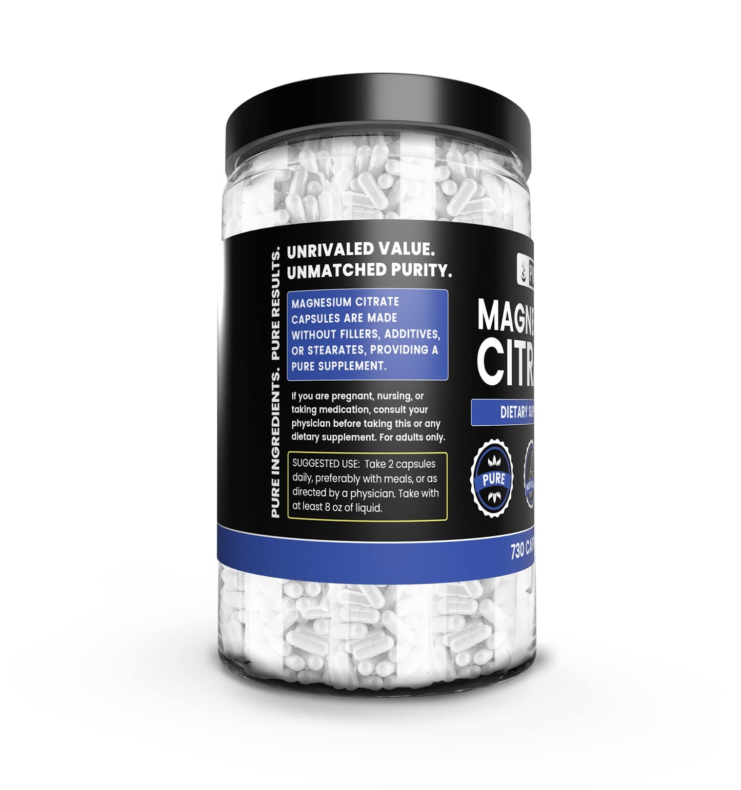 Pure Original Magnesium Citrate - 730 Capsules | No Magnesium or Rice Fillers, Always Pure, Lab Verified