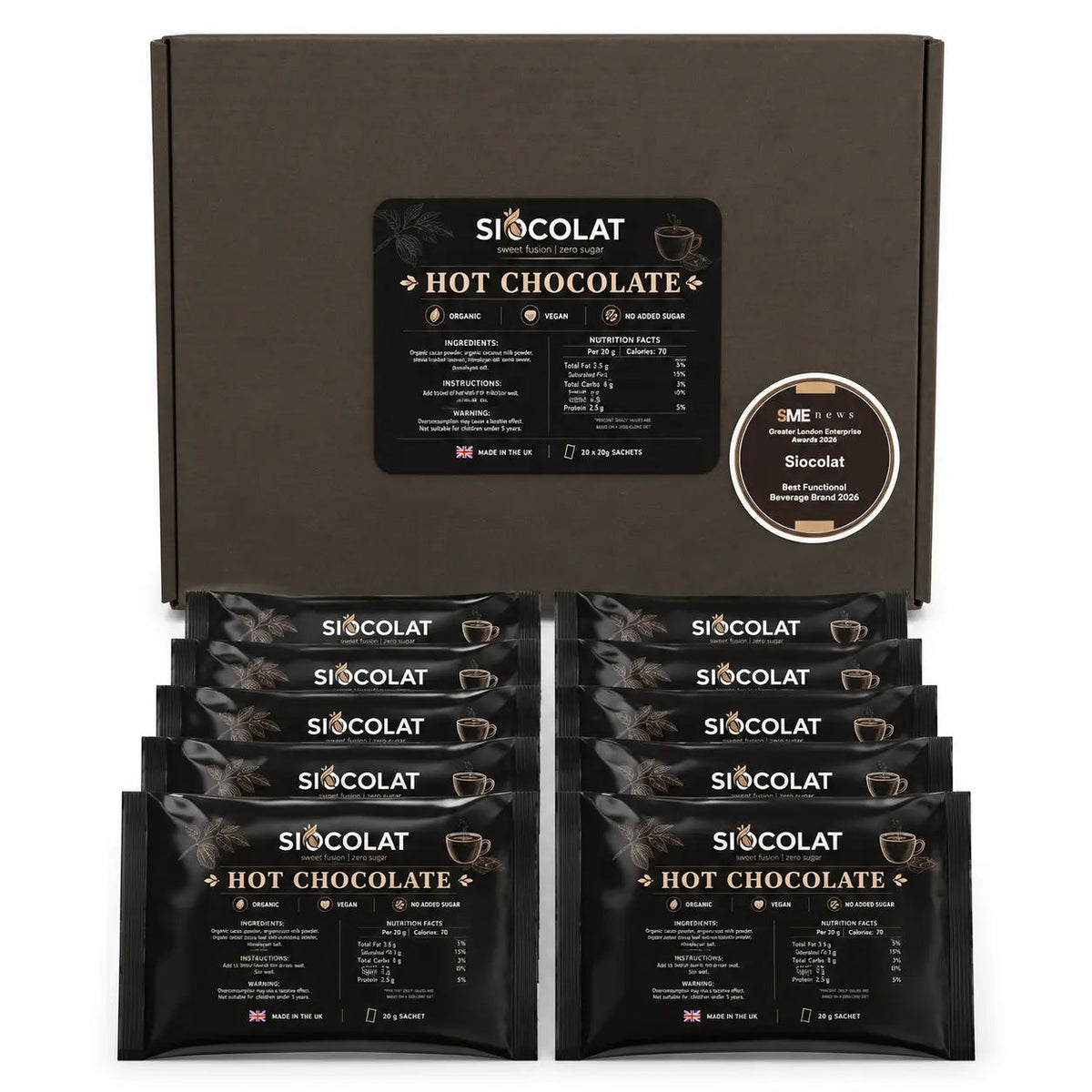 Siocolat Organic Vegan Sugar Free Low Calorie Hot Chocolate Drink 10 sachets