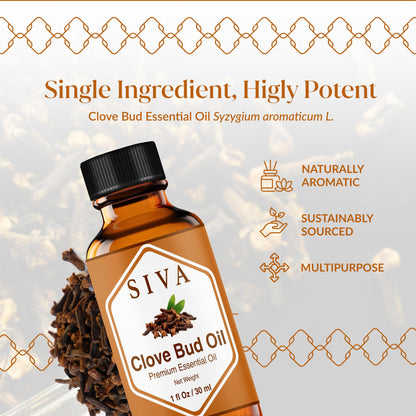 Siva Clove Bud Essential Oil - 1oz | 100% Natural Clove Bud Oil for Diffuser, Skin Care, Aromatherapy, Hair Care, Scalp & Body Massage - With Dropper