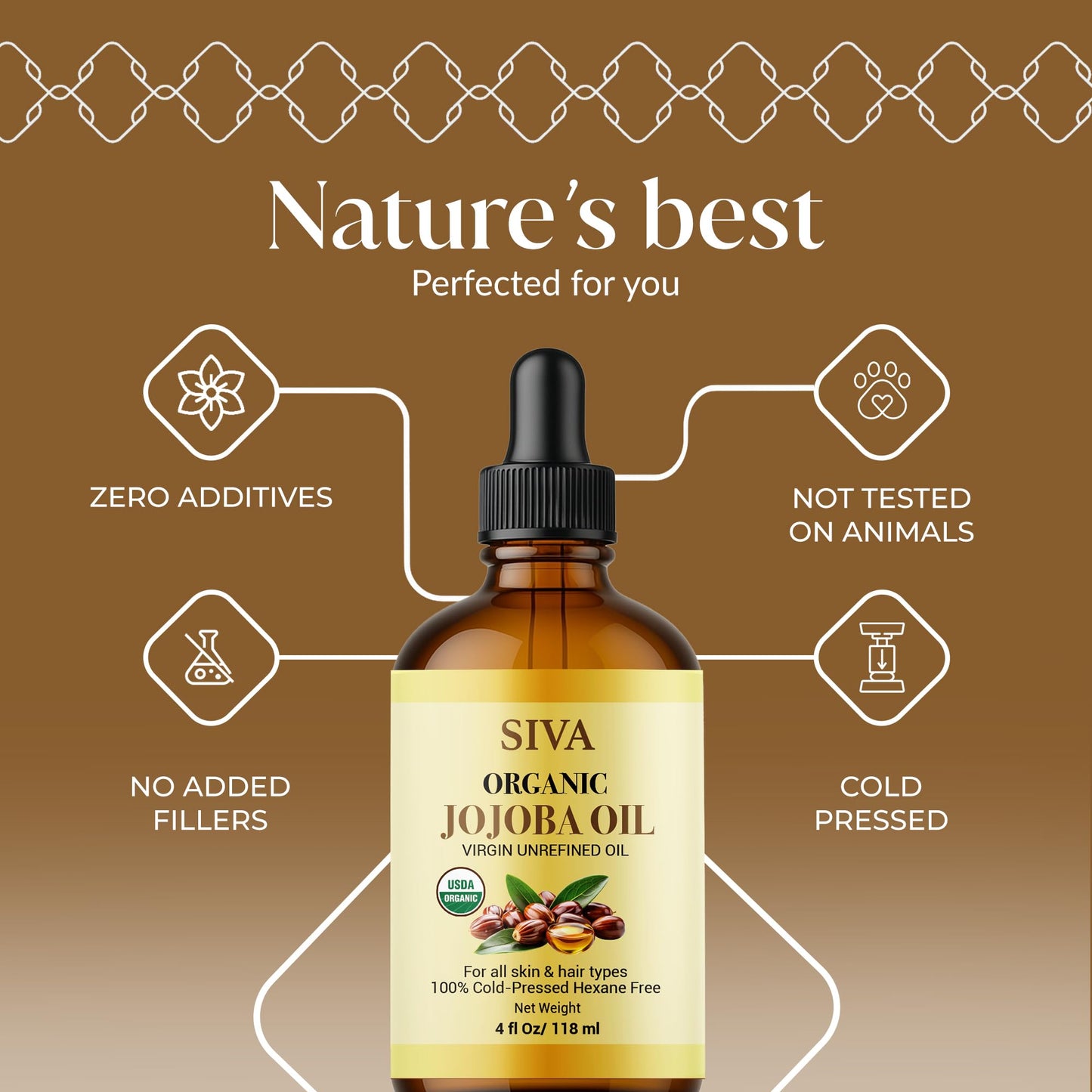 Siva Jojoba Organic Oil 4oz (118ml) – Cold-Pressed, 100% Natural Carrier Oil with Dropper