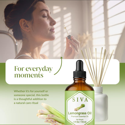 Siva Lemongrass Essential Oil - 4 Fl Oz – 100% Natural Lemongrass Oil - for Diffuser, Face, Skin Care, Aromatherapy, Hair Care, Scalp and Body Massage - with Dropper