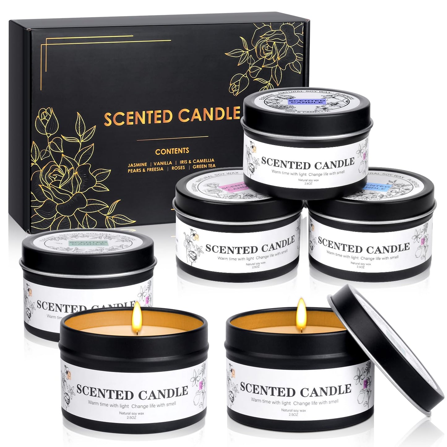6 Pack Scented Candles Gift Set for Women & Men - Natural Soy Wax Aromatherapy Jar Candles