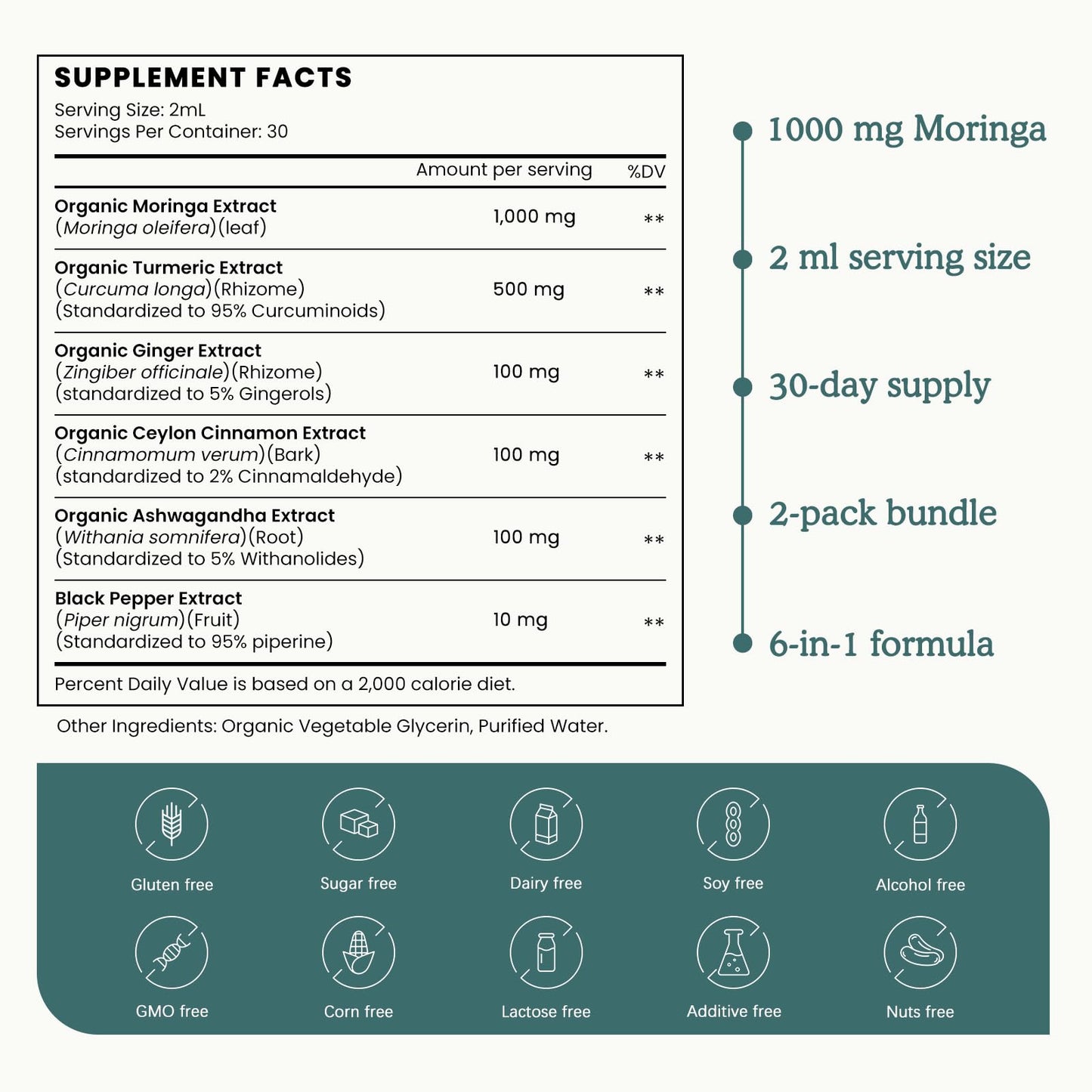 (2 Pack) Organic Moringa Leaf Extract Liquid Drops 1000mg with Turmeric & Black Pepper – Energy, Antioxidant & Skin Support | Vegan, 1 fl oz