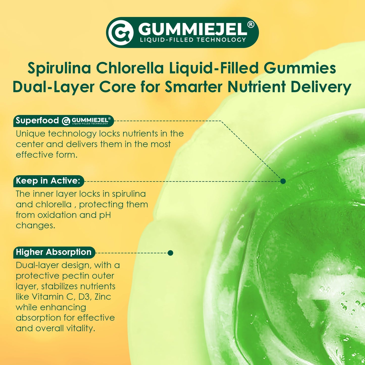 Organic Spirulina & Chlorella Gummies – Vegan Protein, Super Greens, Vitamins C & D3, Zinc & B12 | Sugar Free, 60 Count