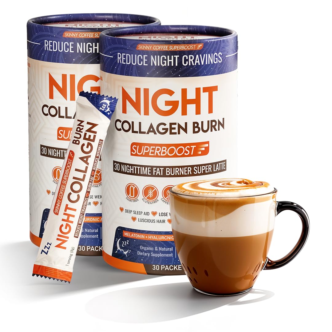 Night Collagen Burn by Skinny Coffee SuperBoost | Sleep Support, Metabolism & Cravings Control | 60 Servings