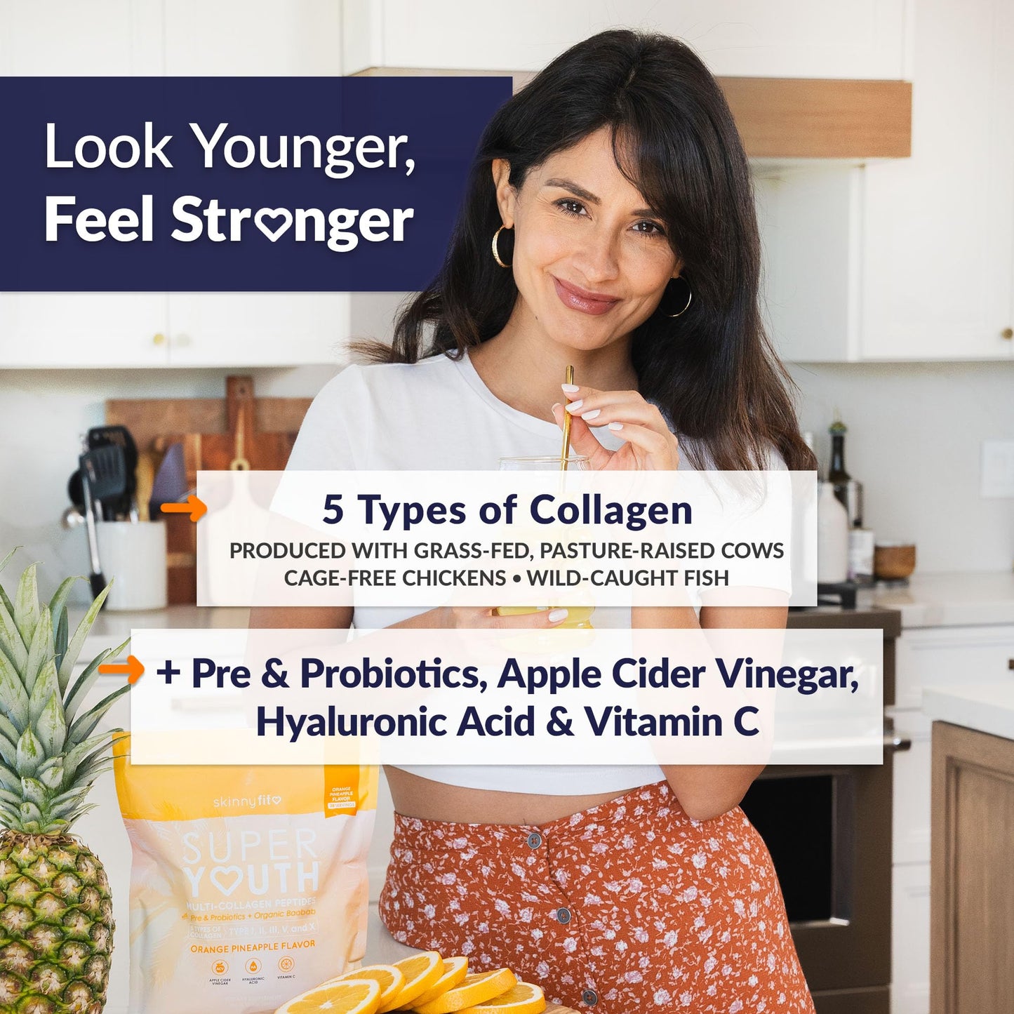 SkinnyFit Super Youth Collagen for Women - Multi-Collagen Peptides Powder with Probiotics, Fiber & Hyaluronic Acid | Orange Pineapple, 28 Servings