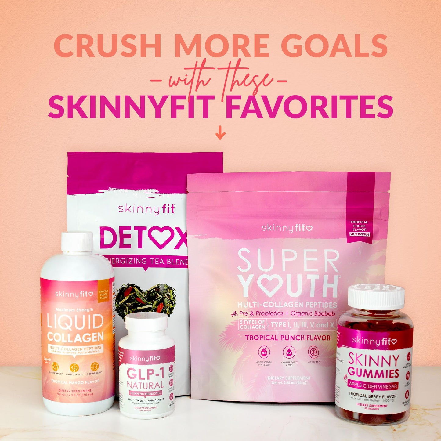 SkinnyFit Super Youth Collagen for Women - Peach Mango, 28 Servings | Multi-Collagen, Probiotics & Hyaluronic Acid