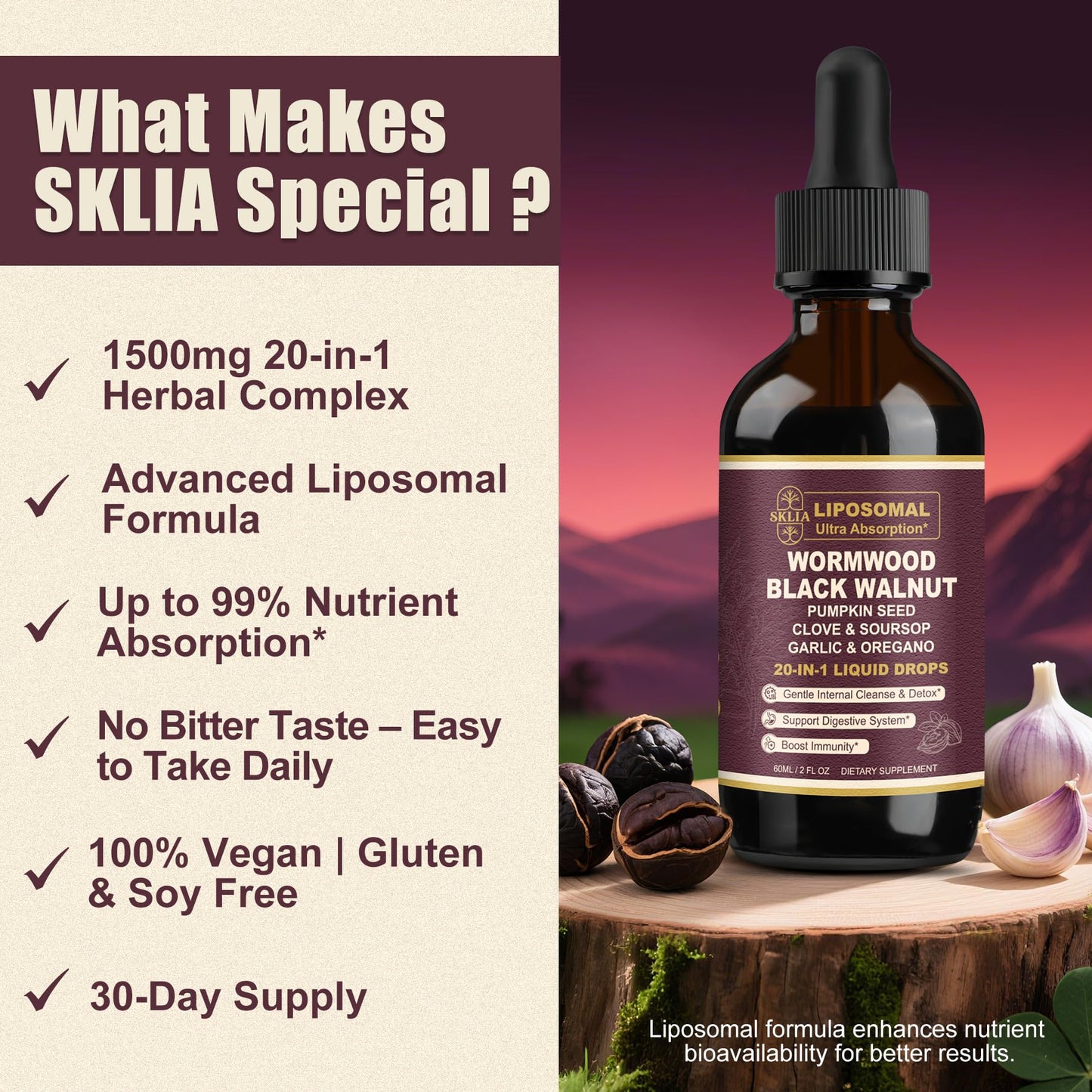 SKLIA 20-in-1 Liposomal Wormwood Cleanse Drops – Rapid Gut Cleanse & Digestive Support (2P)
