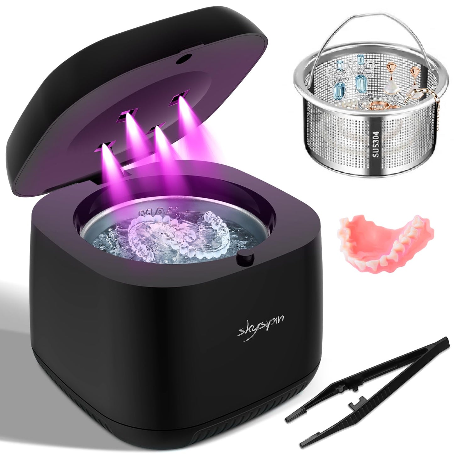 Skysipin Ultrasonic Retainer Cleaner – 45KHz, 2 Modes, 6.8oz, Black