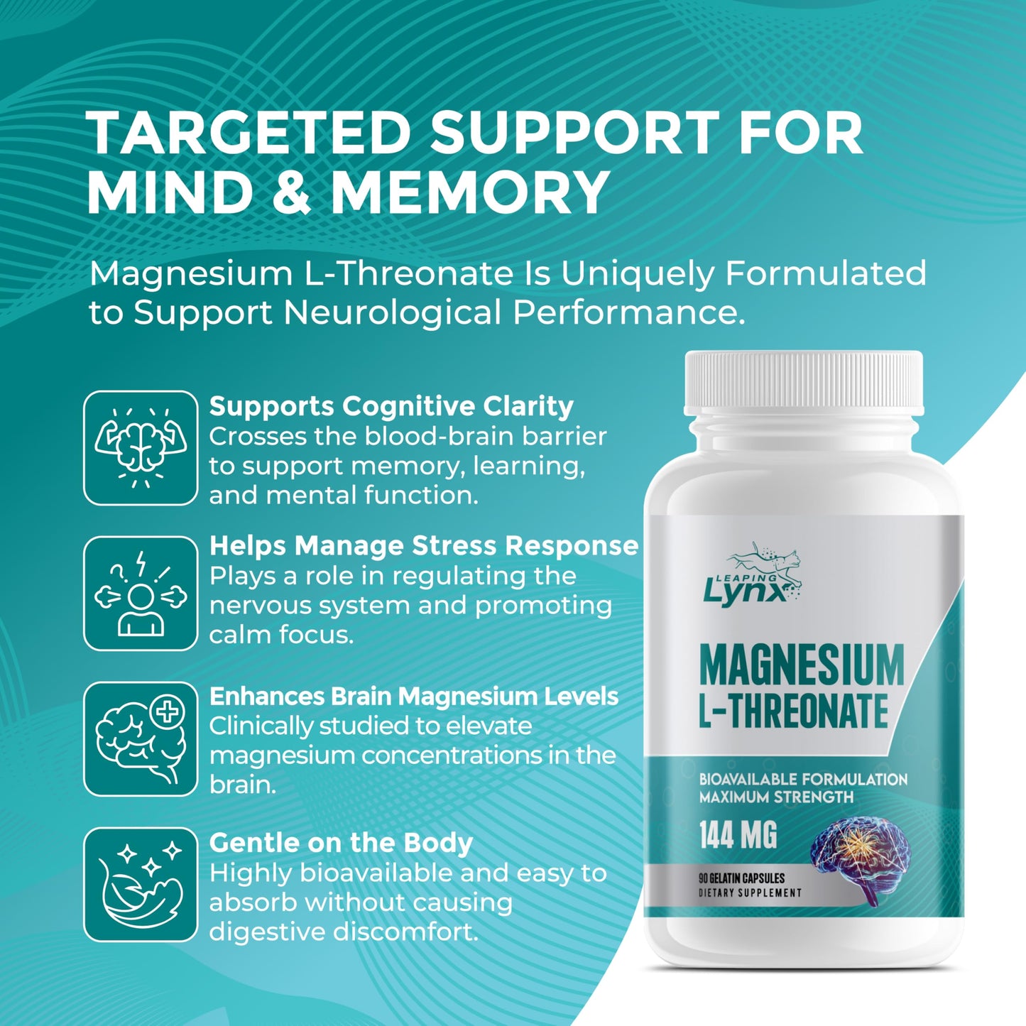 Pure Organic Magnesium L-Threonate 144 MG – Bioavailable, High-Absorption | 90 Capsules | 30-Day Supply | Brain Health & Sleep