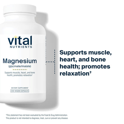 Vital Nutrients Magnesium Glycinate + Malate 120mg | Vegan Magnesium Supplement for Relaxation | 200 Capsules