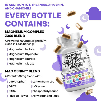 Magnesium Glycinate Complex 1000mg with L-Theanine & Apigenin – 60 Count | Clean Nutraceuticals