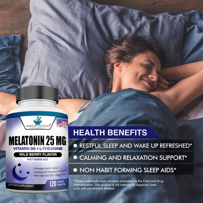 Melatonin 25mg Chewable Tablets with L-Theanine & Vitamin B-6 – 120 per Pack (Pack of 2) – Vegan, Non-GMO, Made in USA
