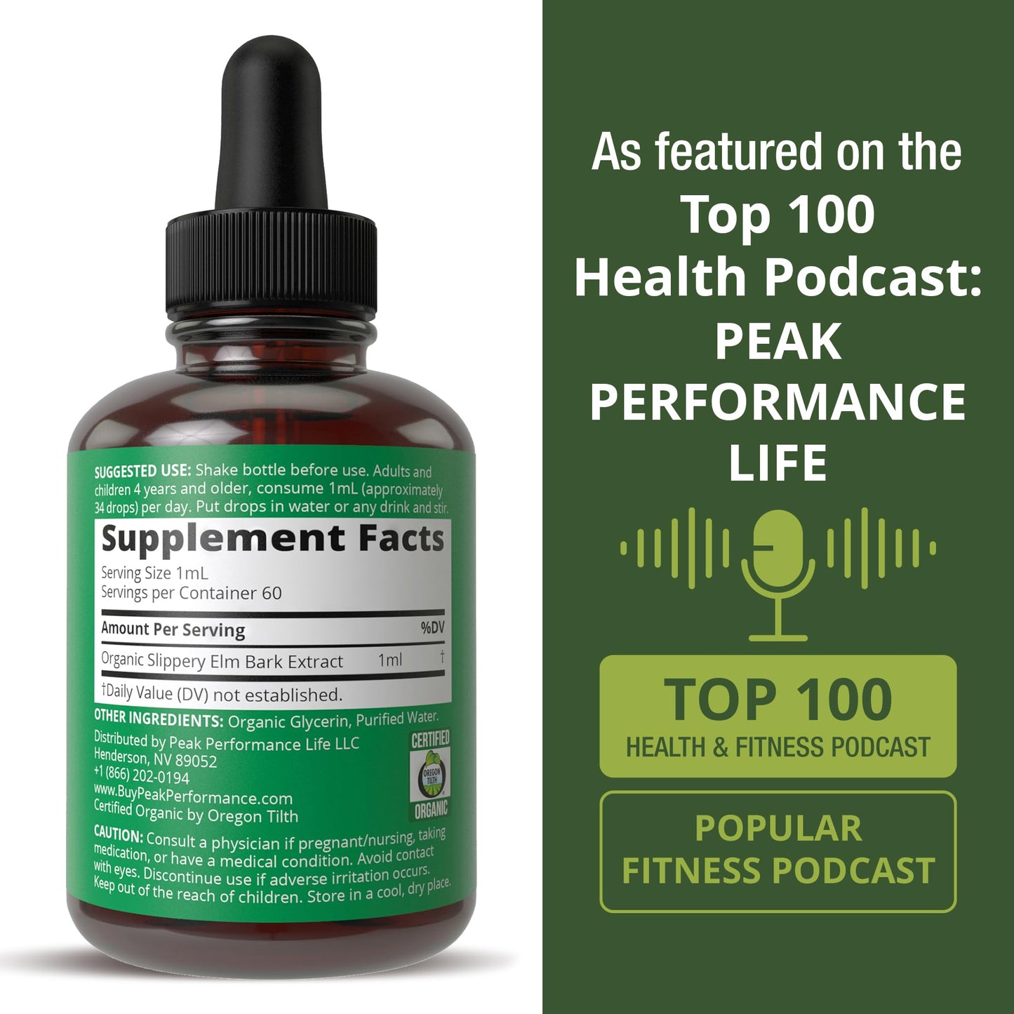 Slippery Elm Bark – USDA Organic Vegan Liquid Drops | High Bioavailability for Women, Men & Kids