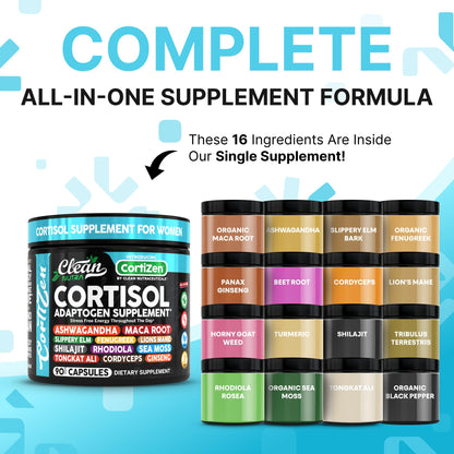 Clean Nutra Cortisol Supplements For Women | Maca Root Ashwagandha Cortisol Detox Manager Reducer + Slippery Elm Fenugreek Lions Mane Shilajit Rhodiola Sea Moss Tongkat Ali Cordyceps Ginseng Beet Root
