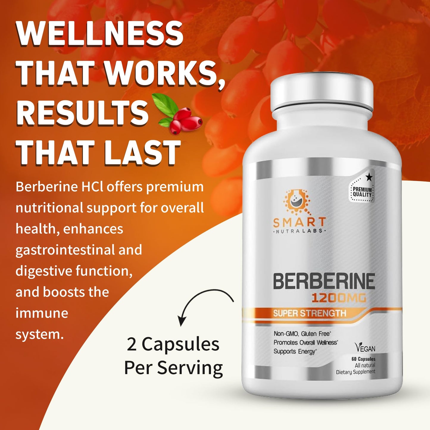 Smart Nutra Labs Berberine HCL 1200mg - 60 Vegan Capsules | Non-GMO, Gluten Free