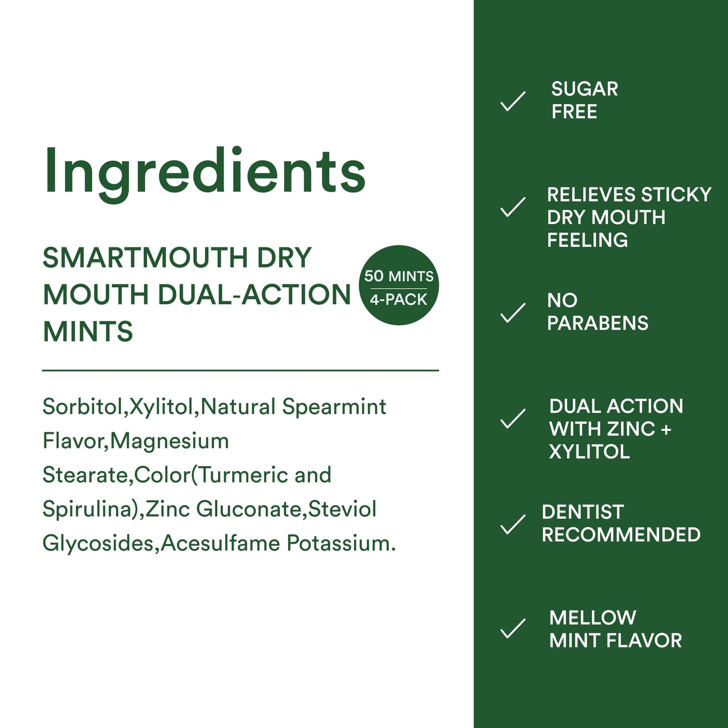 SmartMouth Dry Mouth Dual-Action Mints - Sugar-Free (50 Count, 4 Pack) - Mellow Mint