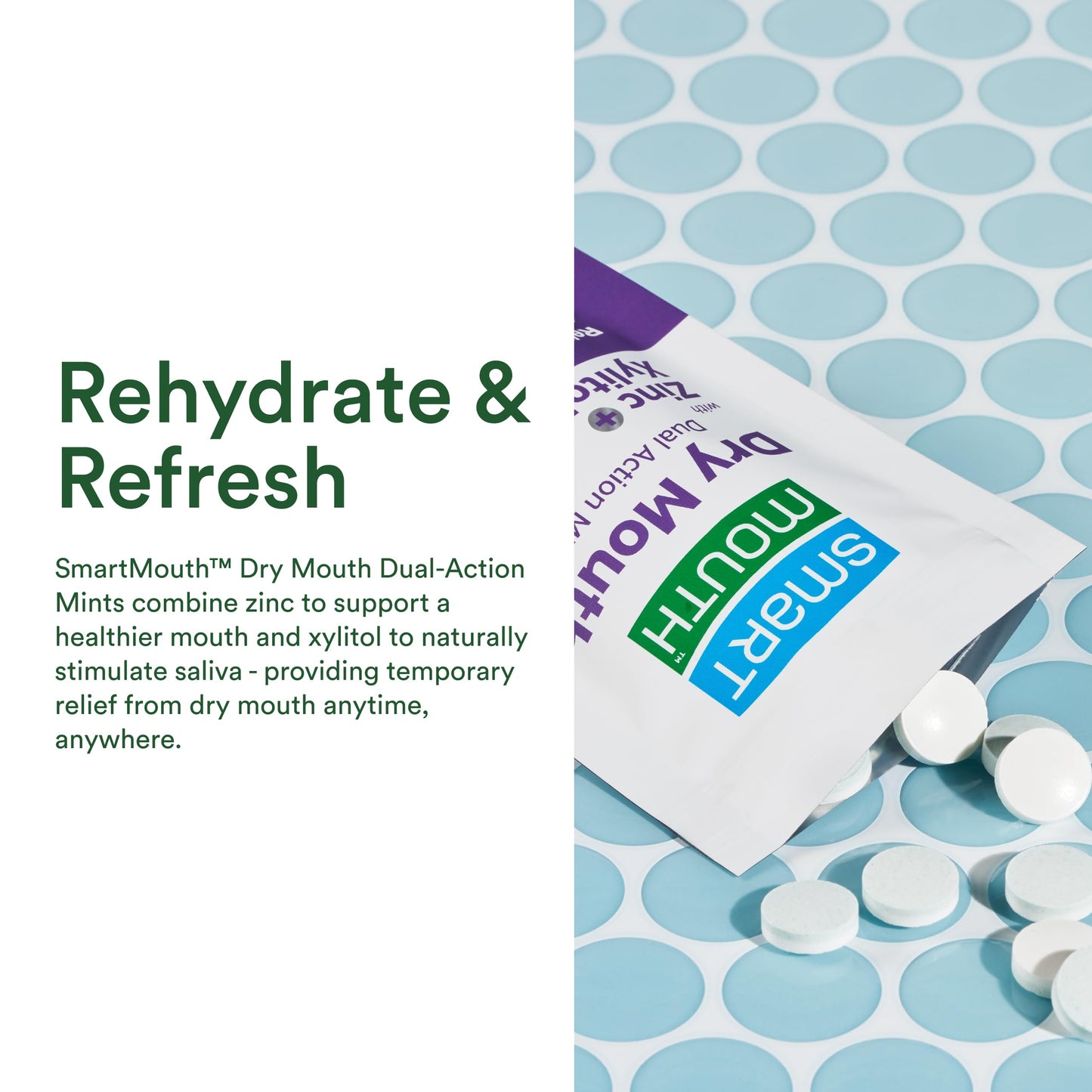 SmartMouth Dry Mouth Dual-Action Mints - Sugar-Free Breath (Mellow Mint), 50 Count, 8 Pack