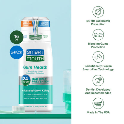 SmartMouth Gum Health Zinc Activated Breath Rinse 16oz, 2 Pack | Mint Mouthwash
