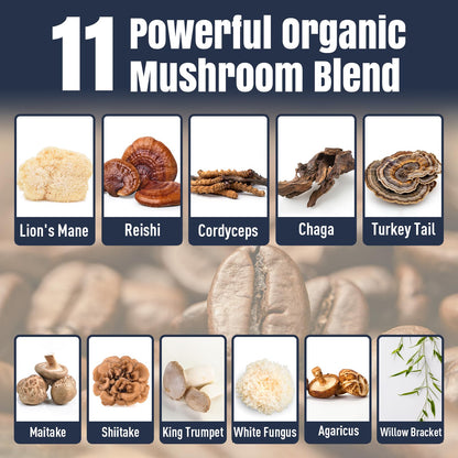 Mushroom Coffee – 11 Superfood Mushrooms with Lion’s Mane, Reishi, Chaga & Ashwagandha | Organic Instant Coffee, Low Caffeine & Sugar Free (5.3oz)