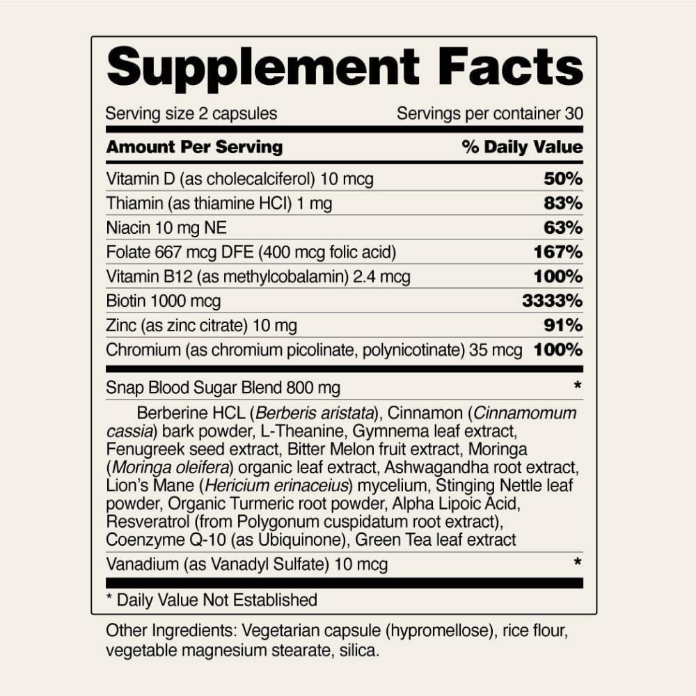 Snap Supplements Blood Sugar Blend — CoQ10, Cinnamon, Gymnema, Alpha Lipoic Acid, Sugar Free, 60 Capsules, 2 Pack