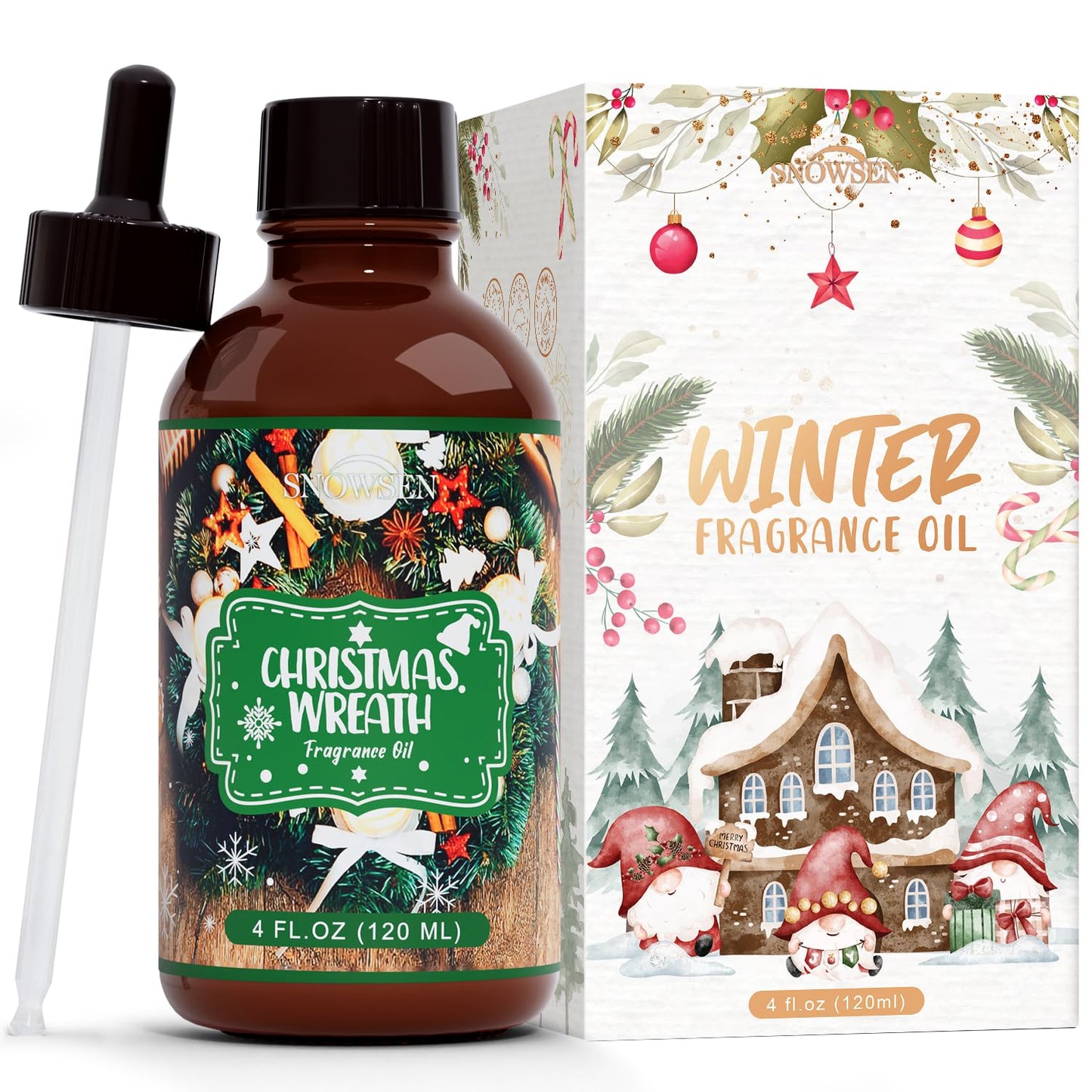SNOWSEN Christmas Wreath Fragrance Oil 4 Fl Oz – Undiluted Winter Essential Oil with Glass Dropper