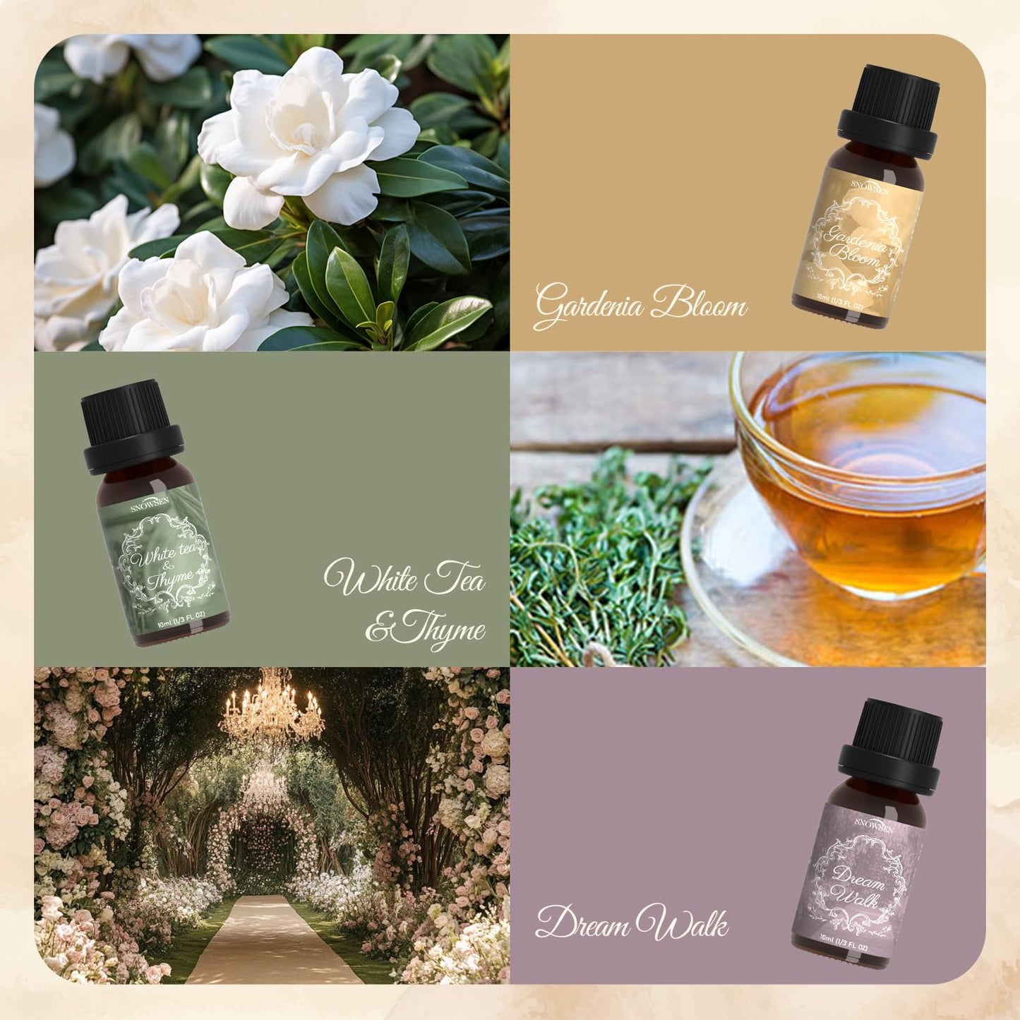 SNOWSEN Fragrance Oils Hotel Set – Santal, Luxury Night, White Tea & Thyme, Gardenia Bloom, Dream Walk, Citrus Amber – Diffuser, Candle & Soap Making