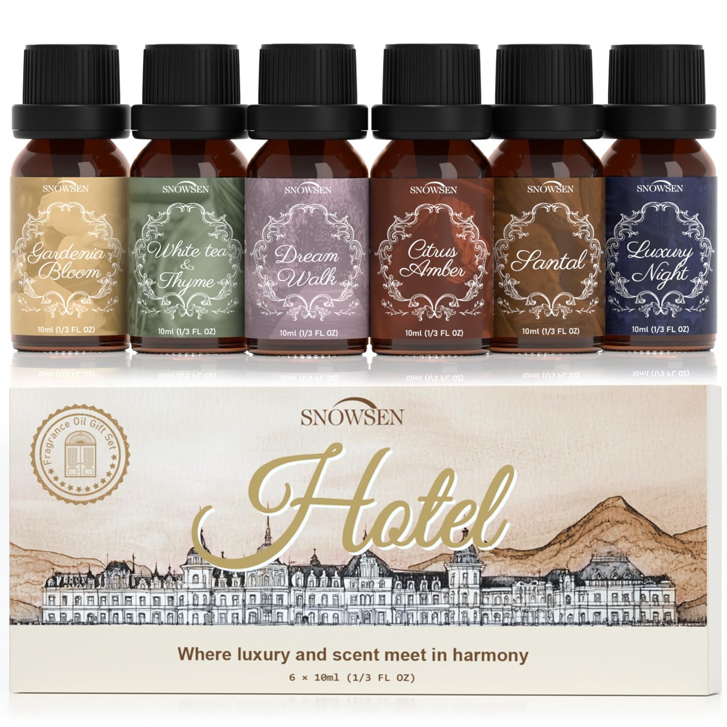 SNOWSEN Fragrance Oils Hotel Set – Santal, Luxury Night, White Tea & Thyme, Gardenia Bloom, Dream Walk, Citrus Amber – Diffuser, Candle & Soap Making