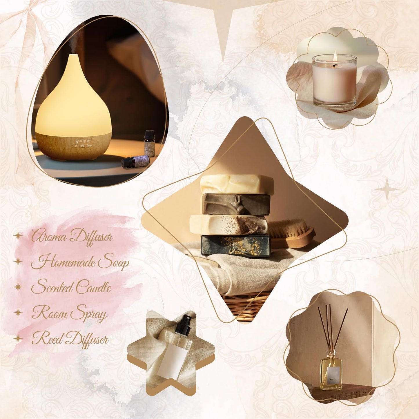 SNOWSEN Fragrance Oils Hotel Set – Santal, Luxury Night, White Tea & Thyme, Gardenia Bloom, Dream Walk, Citrus Amber – Diffuser, Candle & Soap Making