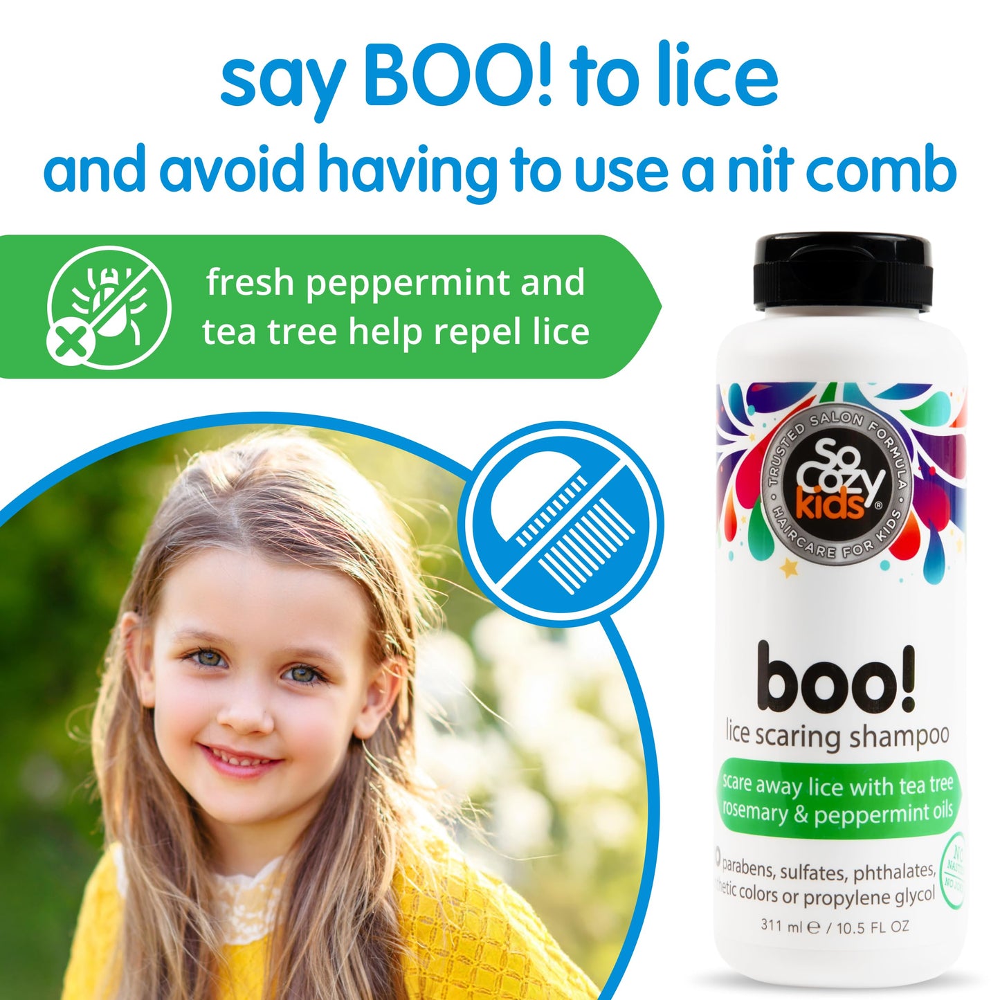 SO COZY Boo! Lice Shampoo for Kids – Tea Tree, Peppermint & Rosemary Oil Deterrent | 10.5 Fl Oz
