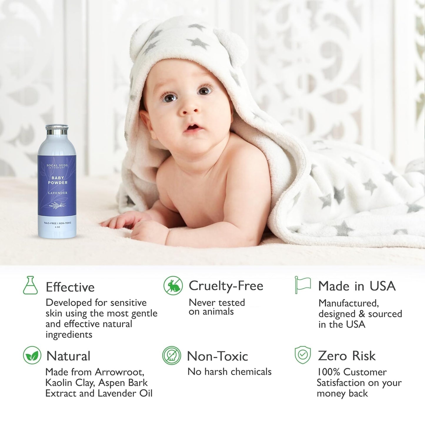 SoCal Suds & Company - Natural Baby Powder Talc-Free with Arrowroot, Kaolin & Aspen Bark (Lavender) - 4oz