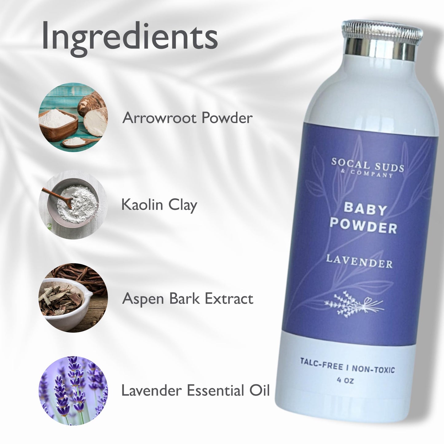 SoCal Suds & Company - Natural Baby Powder Talc-Free with Arrowroot, Kaolin & Aspen Bark (Lavender) - 4oz