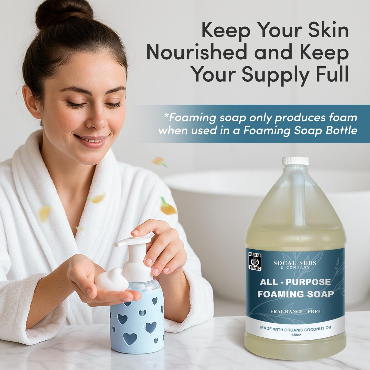 SoCal Suds & Company 128oz Certified Organic Foaming Hand & Body Wash - Gentle, Fragrance Free for Sensitive Skin