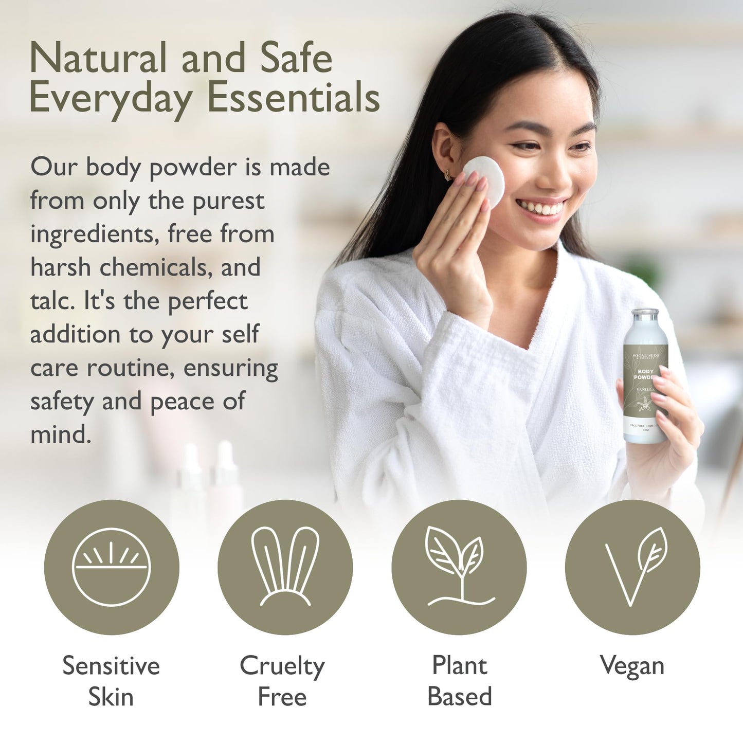 SoCal Suds & Company - Natural Body Powder Talc-Free with Arrowroot, Kaolin & Aspen Bark Extract - Vanilla 4oz