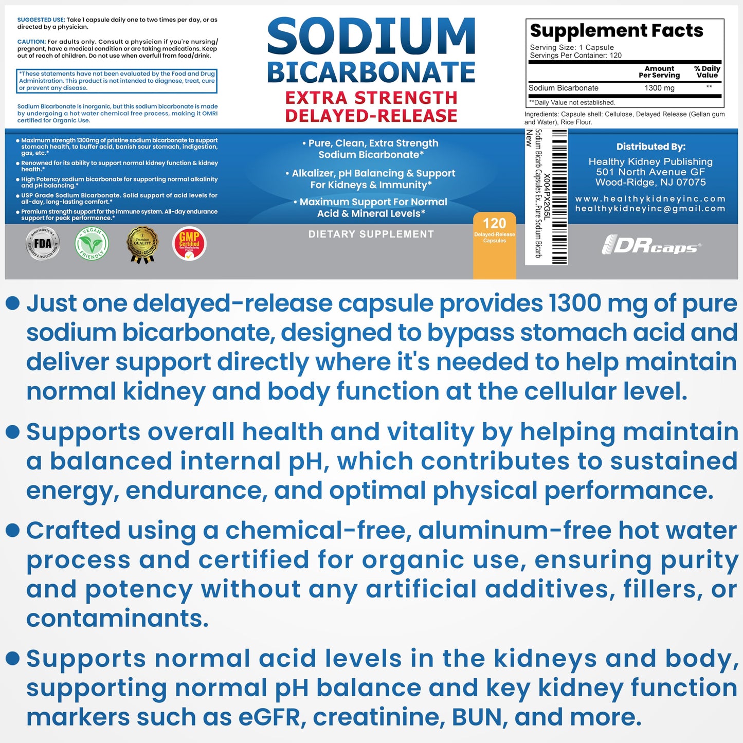 Sodium Bicarbonate Capsules 1300mg Extra Strength | Organic Use, Aluminum-Free, Delayed-Release