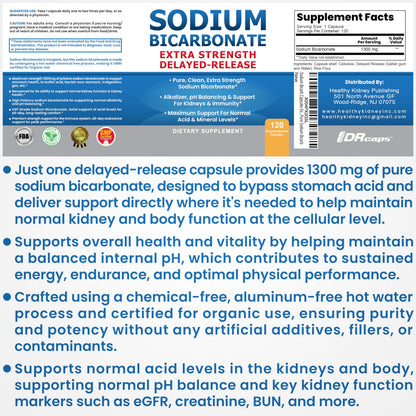 Sodium Bicarbonate Capsules 1300mg Extra Strength | Organic Use, Aluminum-Free, Delayed-Release