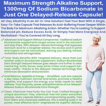 Sodium Bicarbonate Capsules 1300mg Extra Strength | Organic Use, Aluminum-Free, Delayed-Release