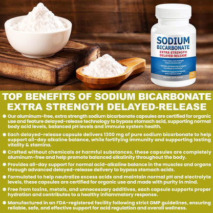 Sodium Bicarbonate Capsules 1300mg Extra Strength | Organic Use, Aluminum-Free, Delayed-Release