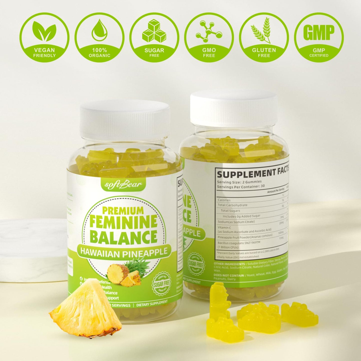 softbear Premium Feminine Balance Gummies for Women | Pineapple pH Balance, Vaginal Care, Immune Support | Vegan & Gluten-Free | 120 Count