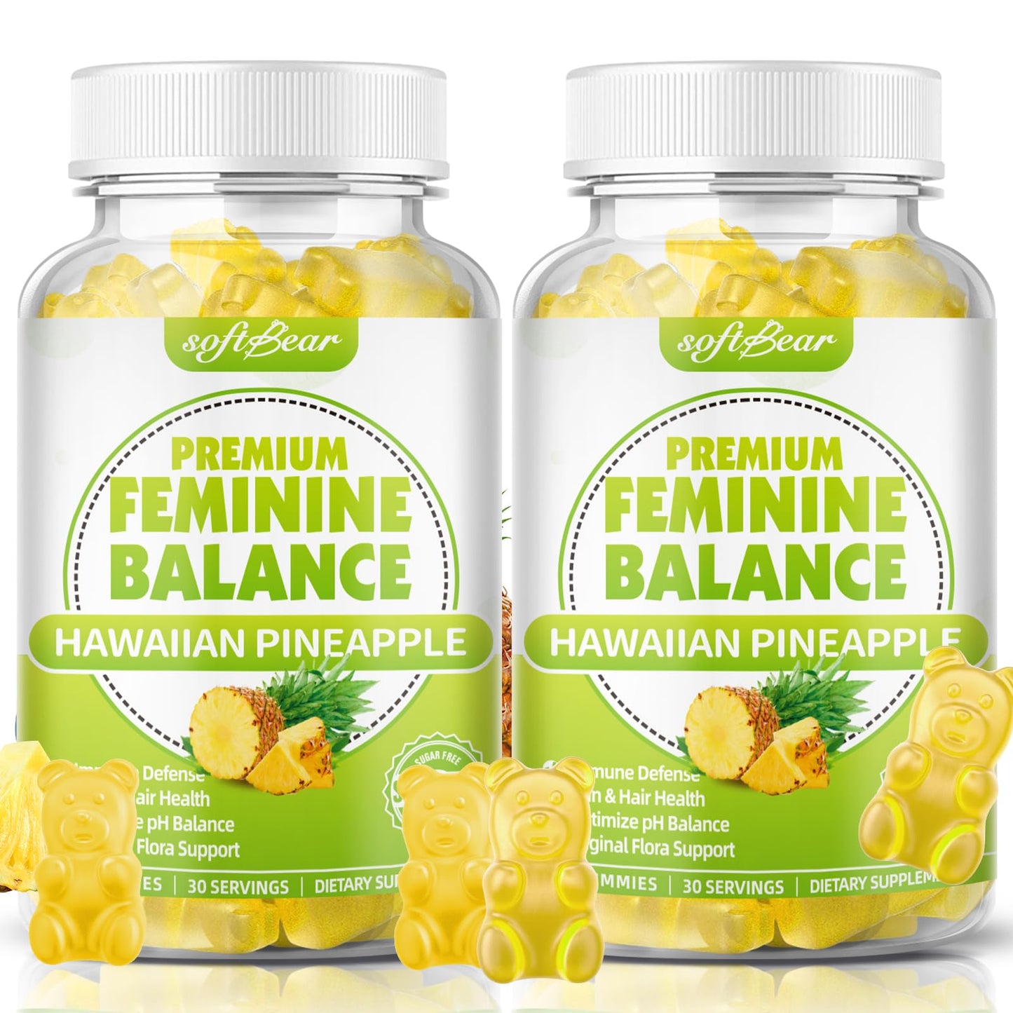 softbear Premium Feminine Balance Gummies for Women | Pineapple pH Balance, Vaginal Care, Immune Support | Vegan & Gluten-Free | 120 Count