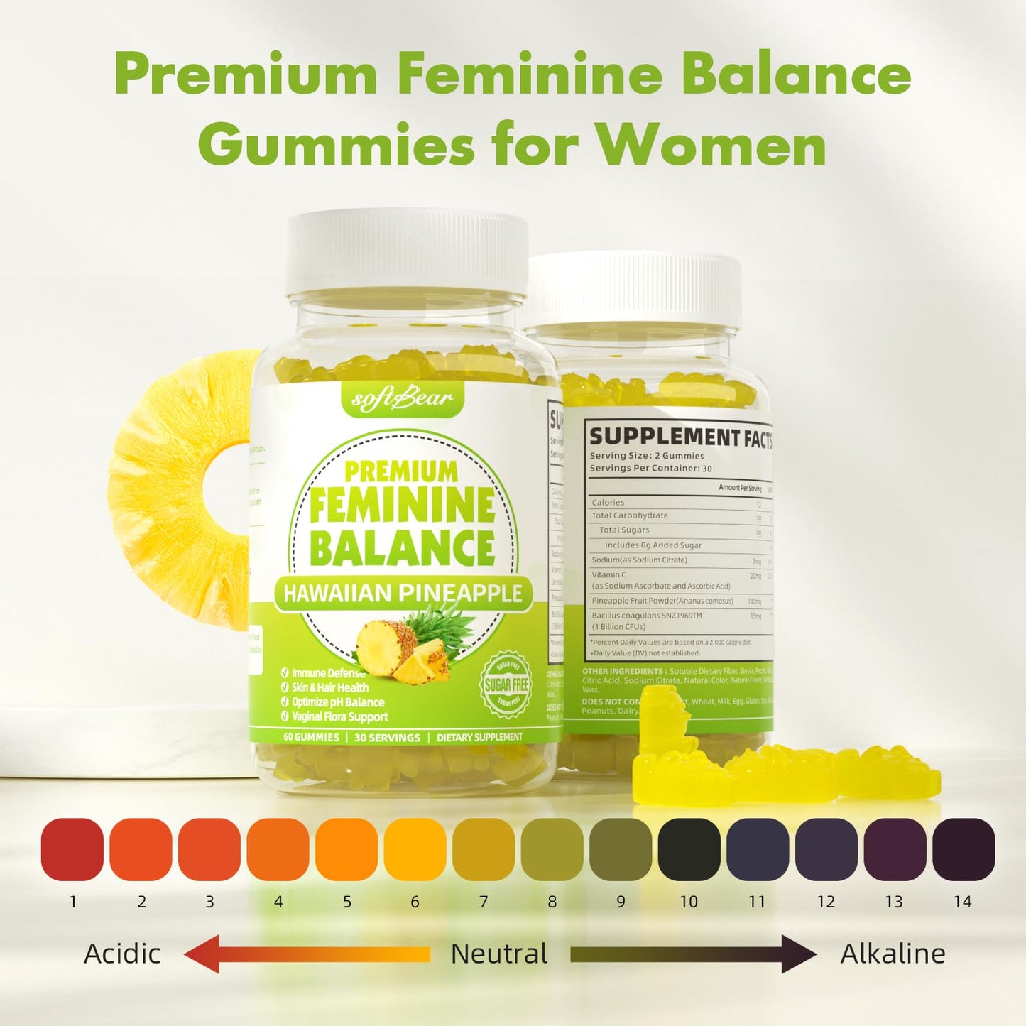 softbear Premium Feminine Balance Gummies for Women | Pineapple pH Balance, Vaginal Care, Immune Support | Vegan & Gluten-Free | 120 Count