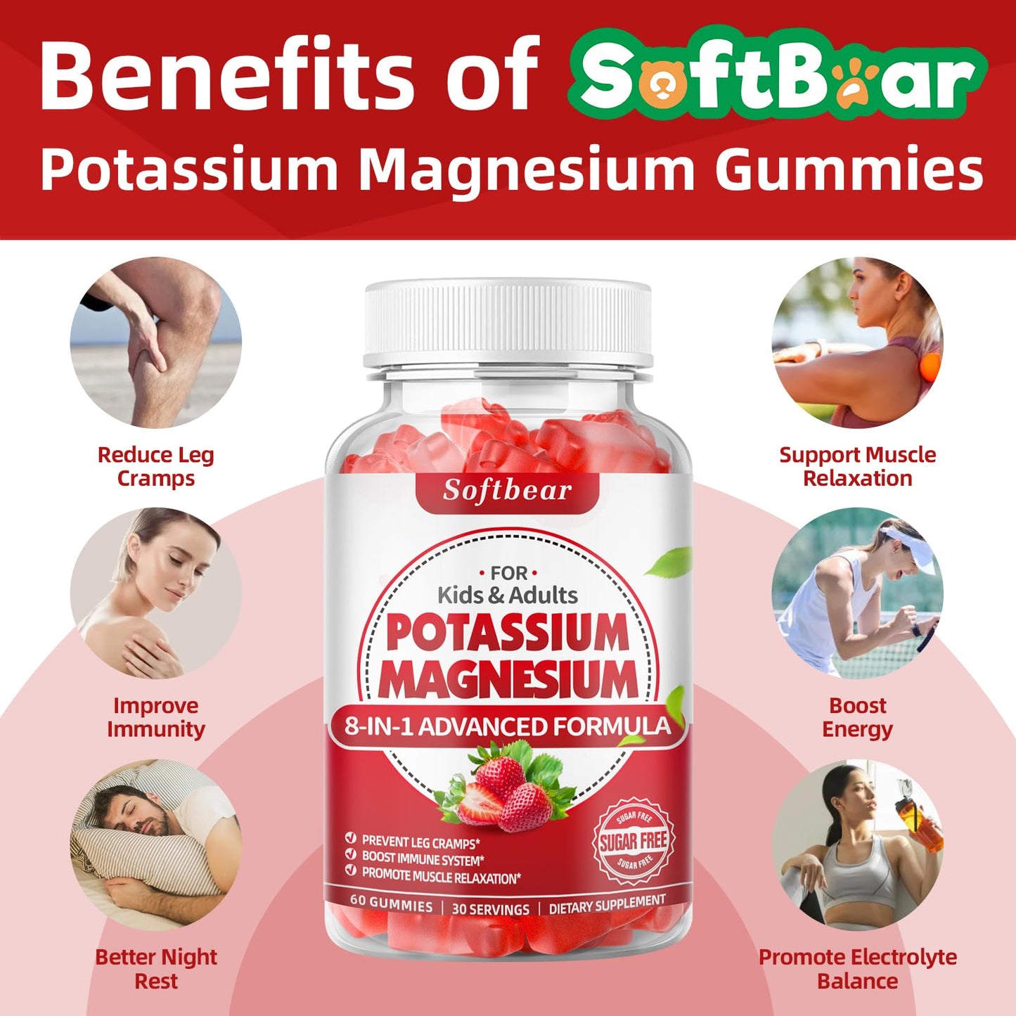 softbear Potassium & Magnesium Gummies for Adults — Sugar-Free Vegan, 60 Gummies