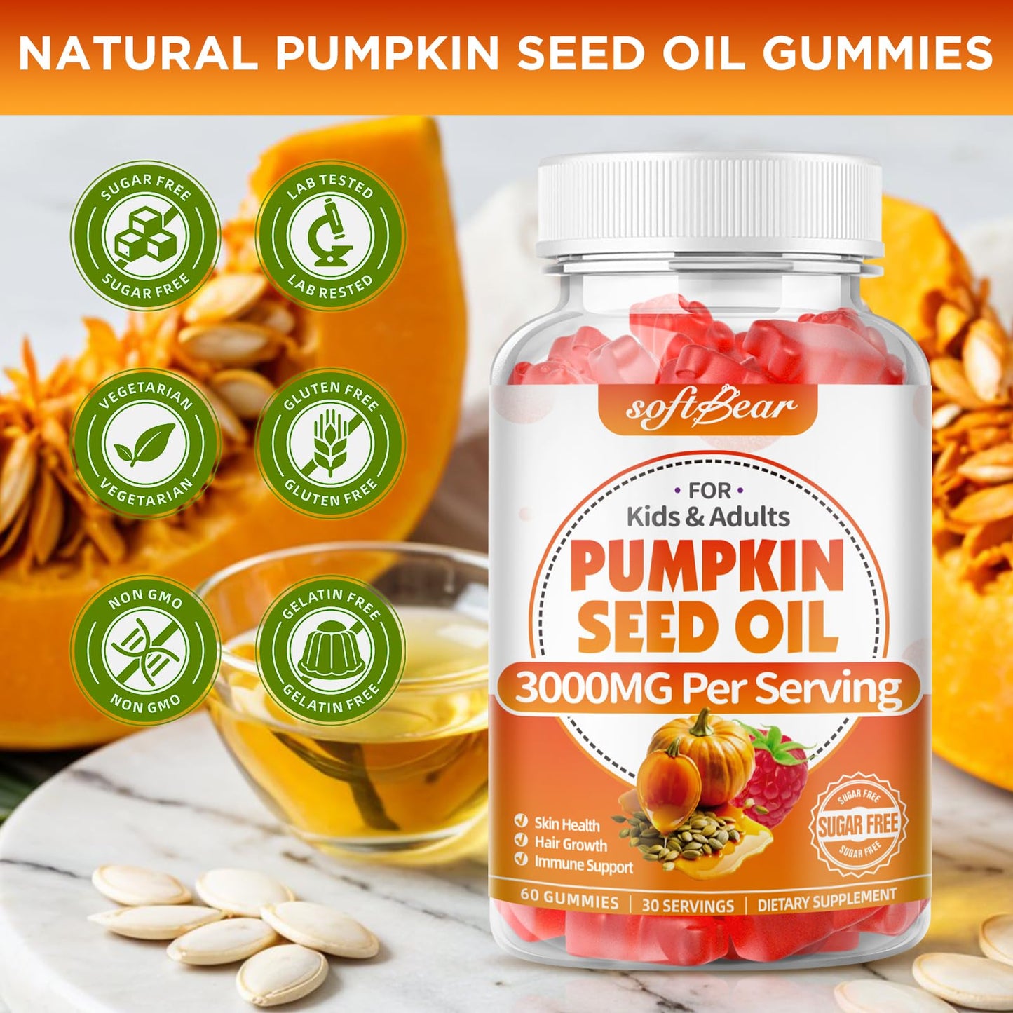 SoftBear Pumpkin Seed Oil Gummies 3000mg – Organic Pumpkin Seed Oil with Saw Palmetto for Hair Growth & Skin Health (60 Count) – Sugar-Free